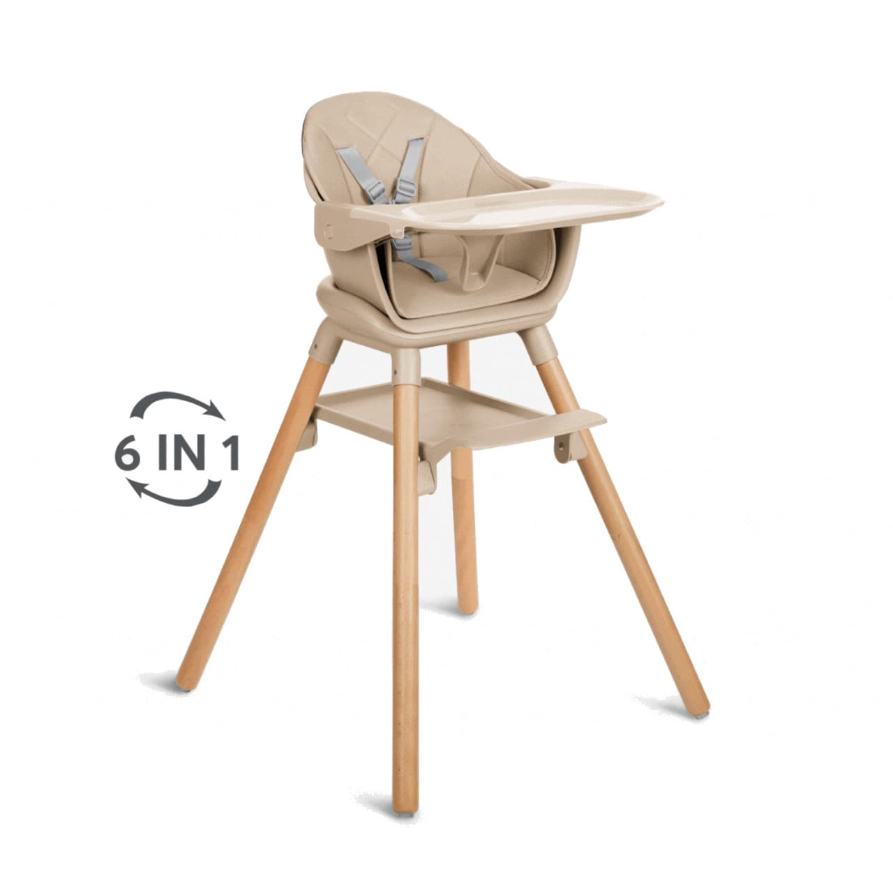 כיסא האוכל Woody 6in1 בגוון בז' עם מגש, מציג את תצורת 6 מצבים בגרפיקה.