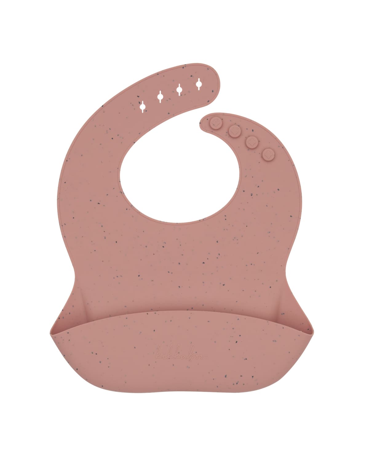 סינר סיליקון פלטינום בצבע Blush, מונח שטוח ומציג את הכיס לאיסוף מזון.