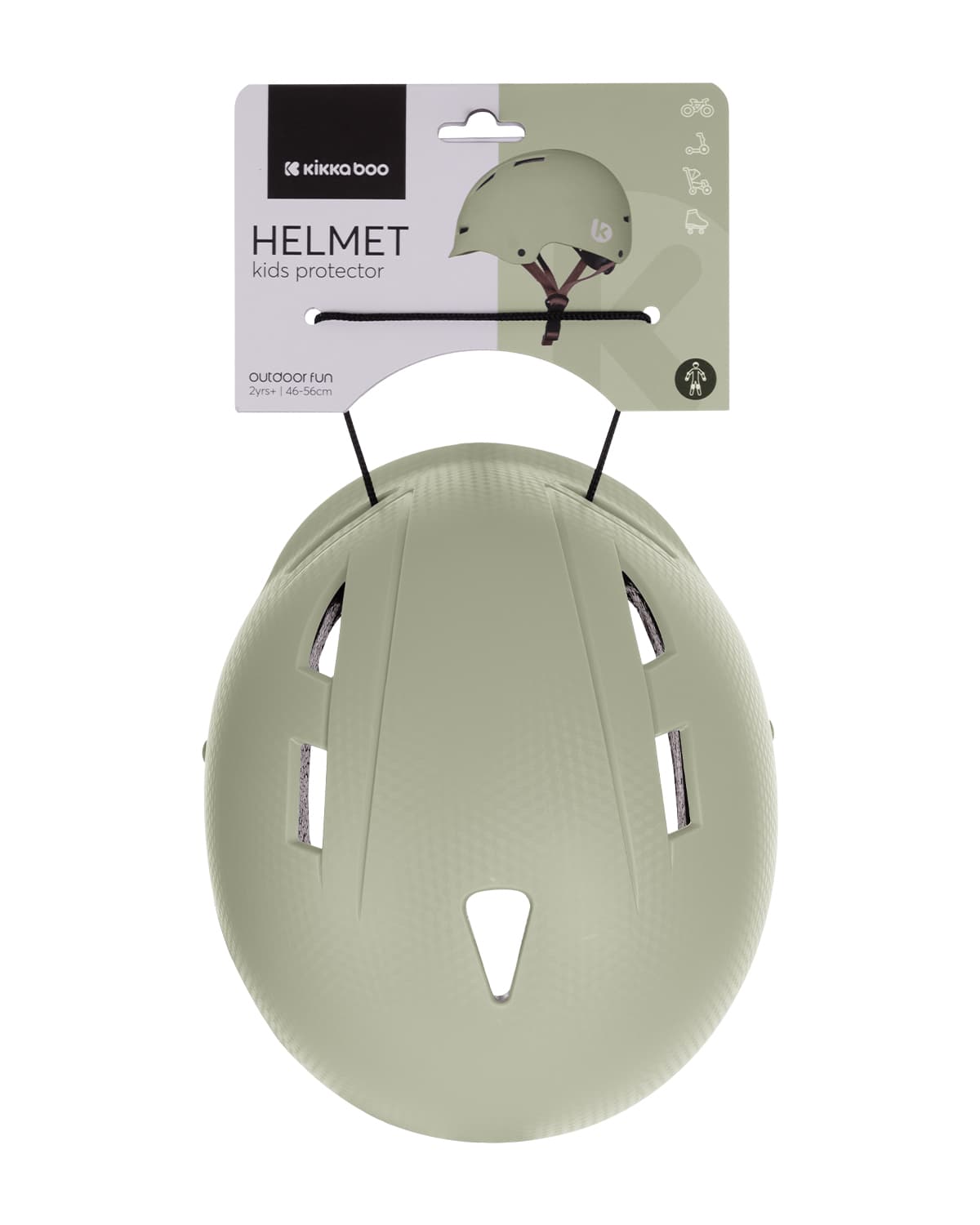 קסדה ירוקה לילדים עם תווית המוצר "kikkaboo HELMET kids protector", מבט מלמעלה.