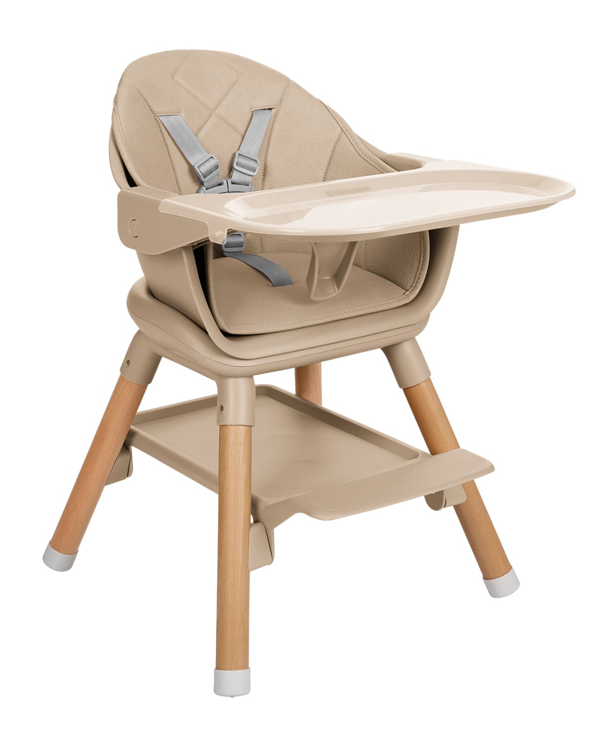 כיסא אוכל Woody 6in1 בז' במבט קדמי-צדדי, עם מגש ורצועות בטיחות אפורות מחוברות.