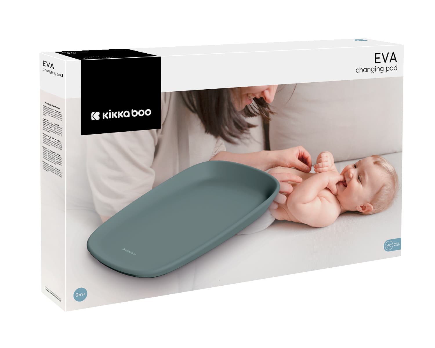 אריזת המוצר של משטח ההחתלה EVA, עם תמונה של תינוק והורה ברקע.