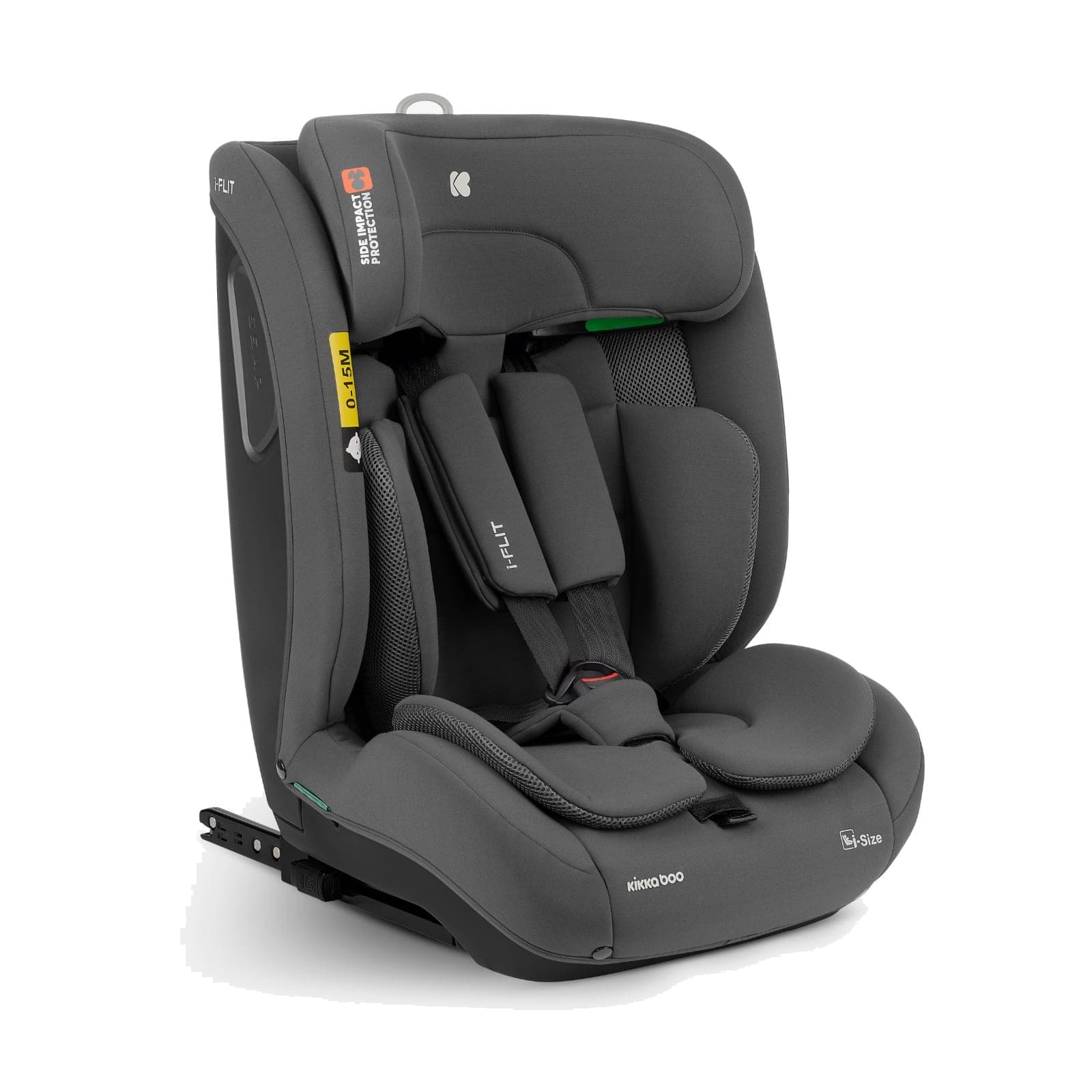 כיסא בטיחות i-Flit i-Size 76-150 ס"מ אפור כהה, מבט קדמי עם רתמות וחגורות.