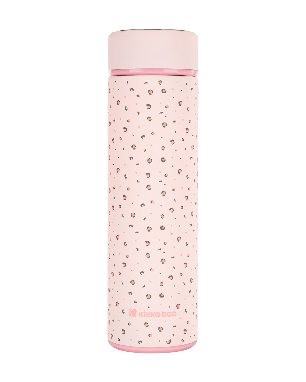 תרמוס Savanna 500 מ"ל בצבע ורוד עם הדפס מנומר, עומד במלואו על רקע לבן.