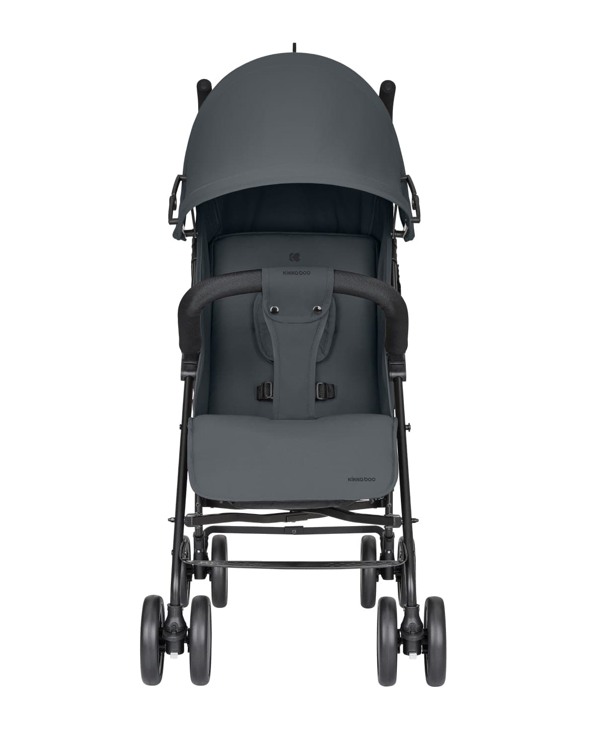 מבט חזיתי ישיר על טיולון Beetle 2 אפור כהה, גגון פתוח והמושב פונה קדימה.
