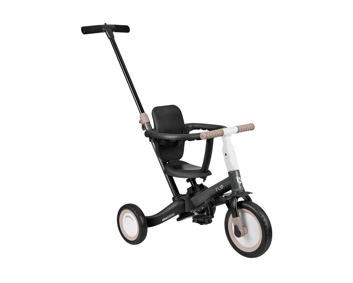 תלת אופן Kikkaboo Flip 5 ב 1 שחור, בתצורת טיולון עם ידית הורים ומוט בטיחות.