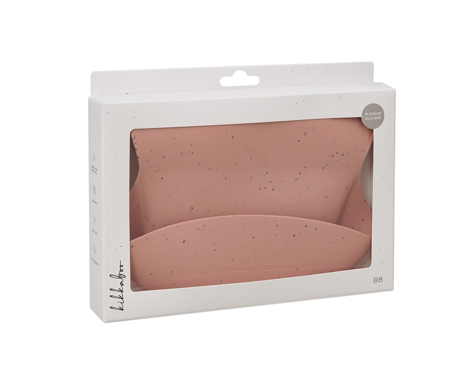 אריזת המוצר של סינר סיליקון פלטינום בצבע Blush, עם חלון שקוף המציג את הסינר מקופל בפנים.