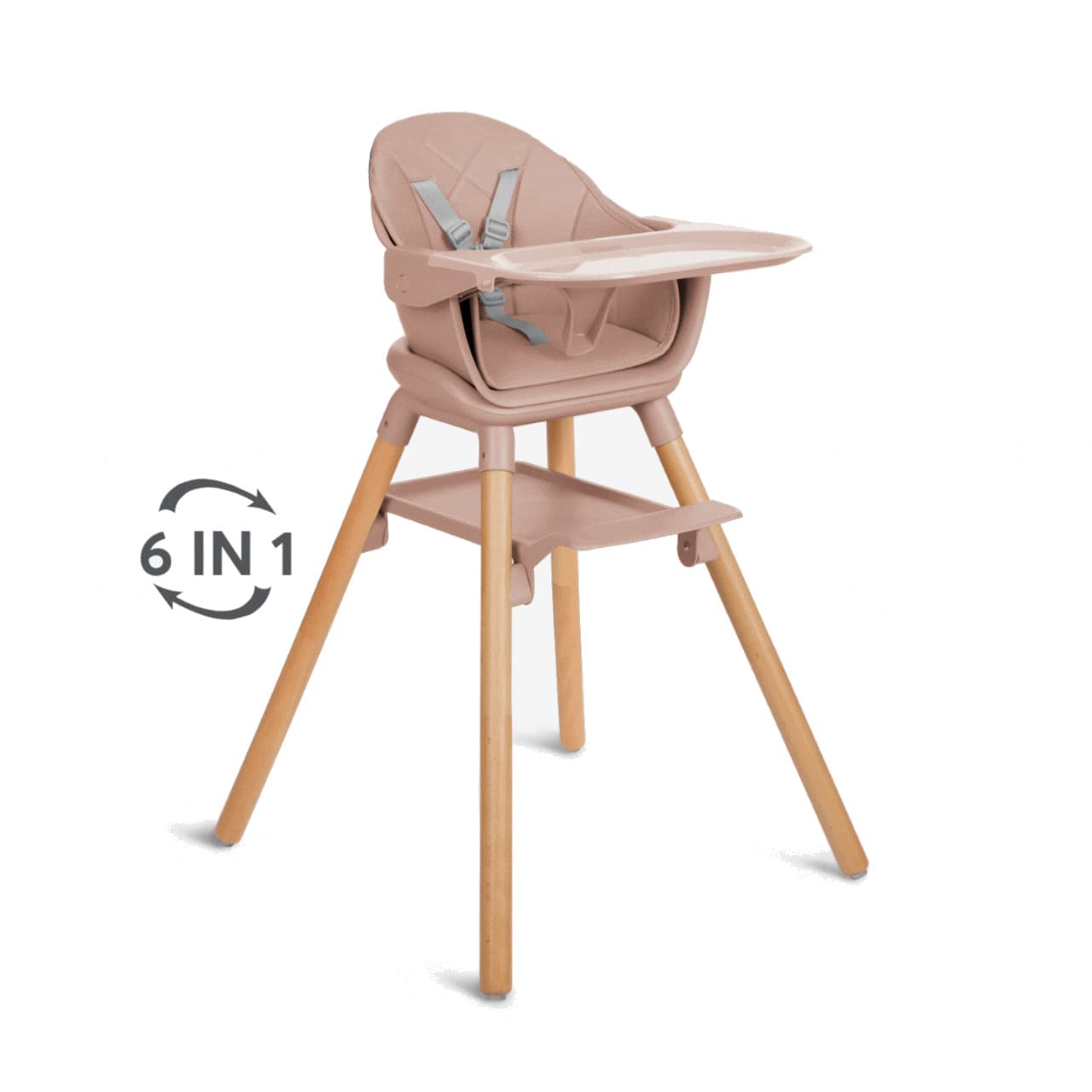 כיסא ורוד 6in1 עם מגש ורצועות, מודגש הכיתוב 6in1 בצד התמונה.