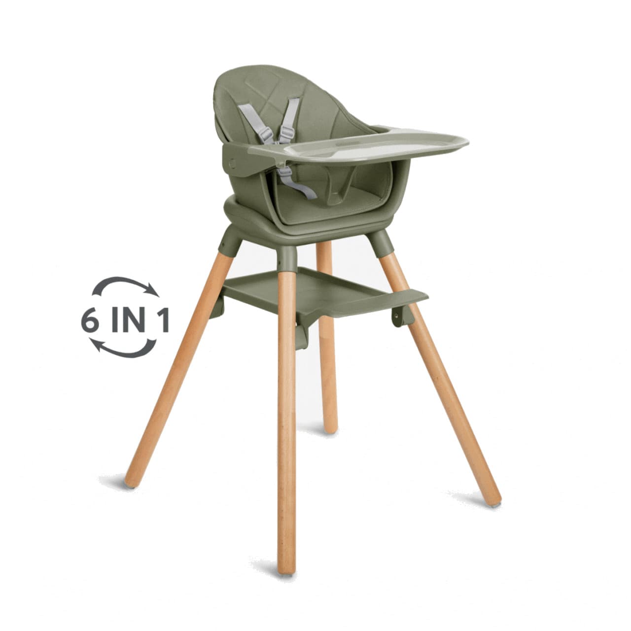 כיסא אוכל Woody 6in1 ירוק זית, מראה כללי עם מגש ורתמה, כולל איור 6 מצבים.