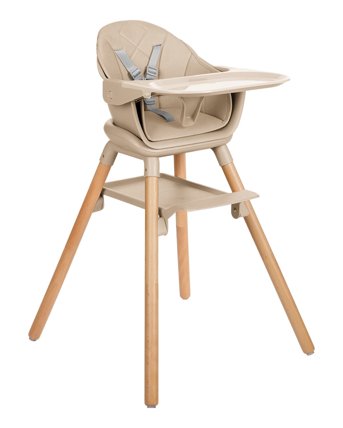כיסא אוכל לתינוק Woody 6in1 בצבע בז', מוצג עם מגש ורצועות בטיחות.