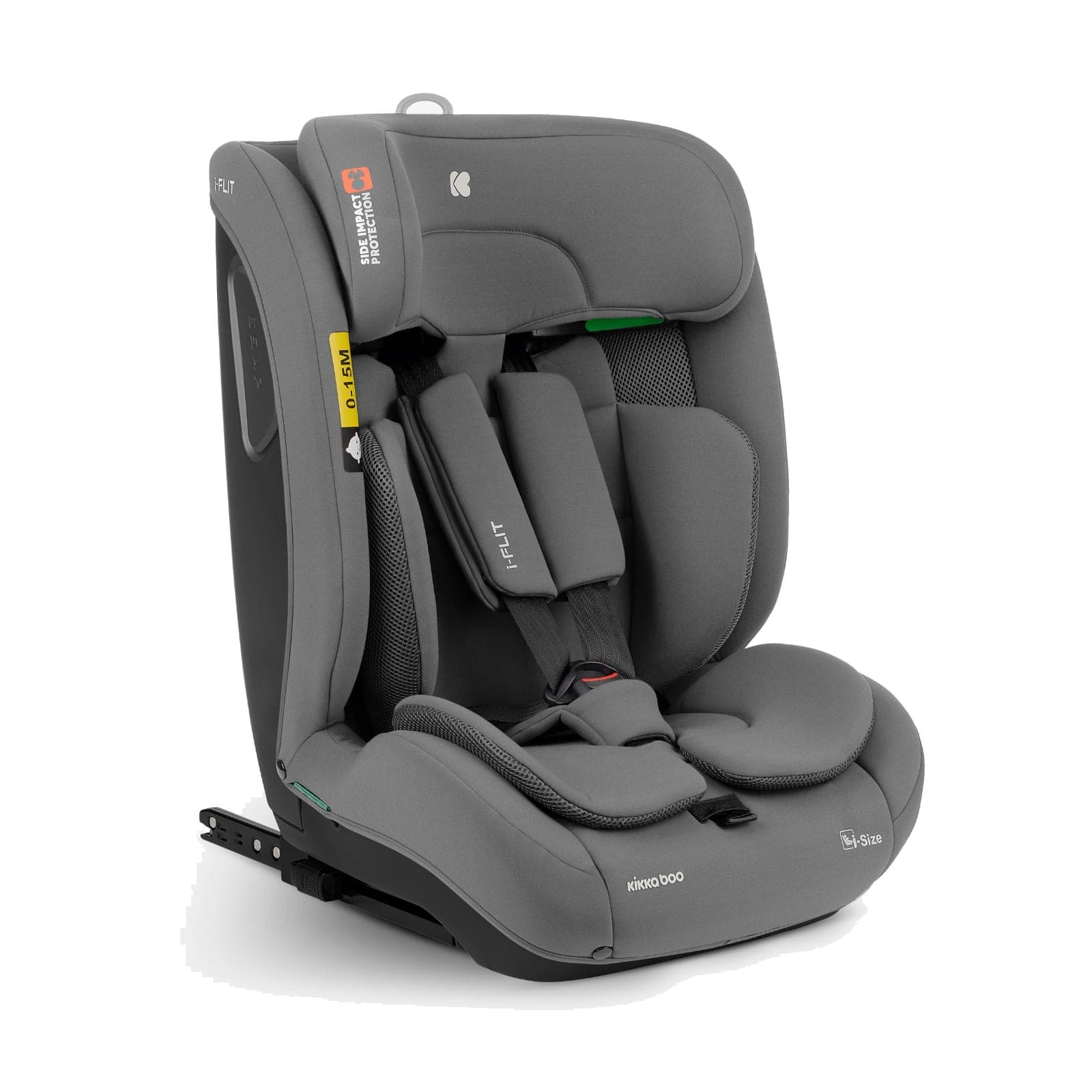 כיסא בטיחות i-Flit i-Size אפור כהה, מבט קדמי-צדדי מפורט המציג את הריפוד והחגורות.