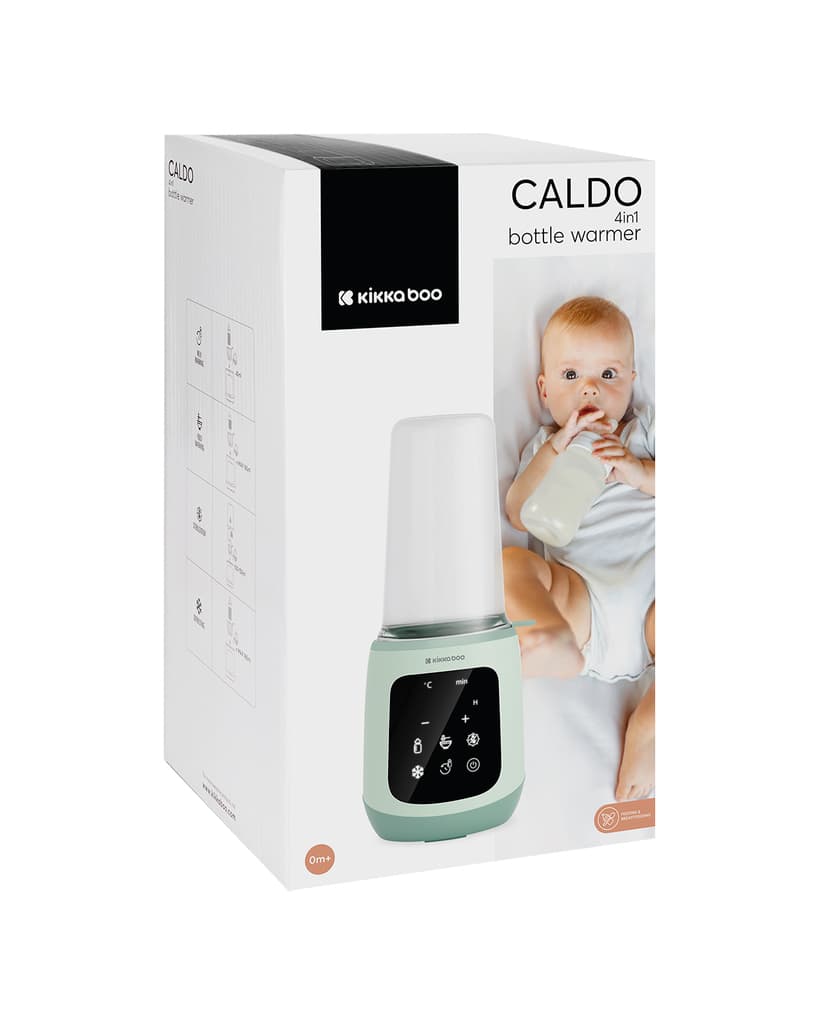 קרטון האריזה של מחמם הבקבוקים Caldo, עם תמונת המכשיר