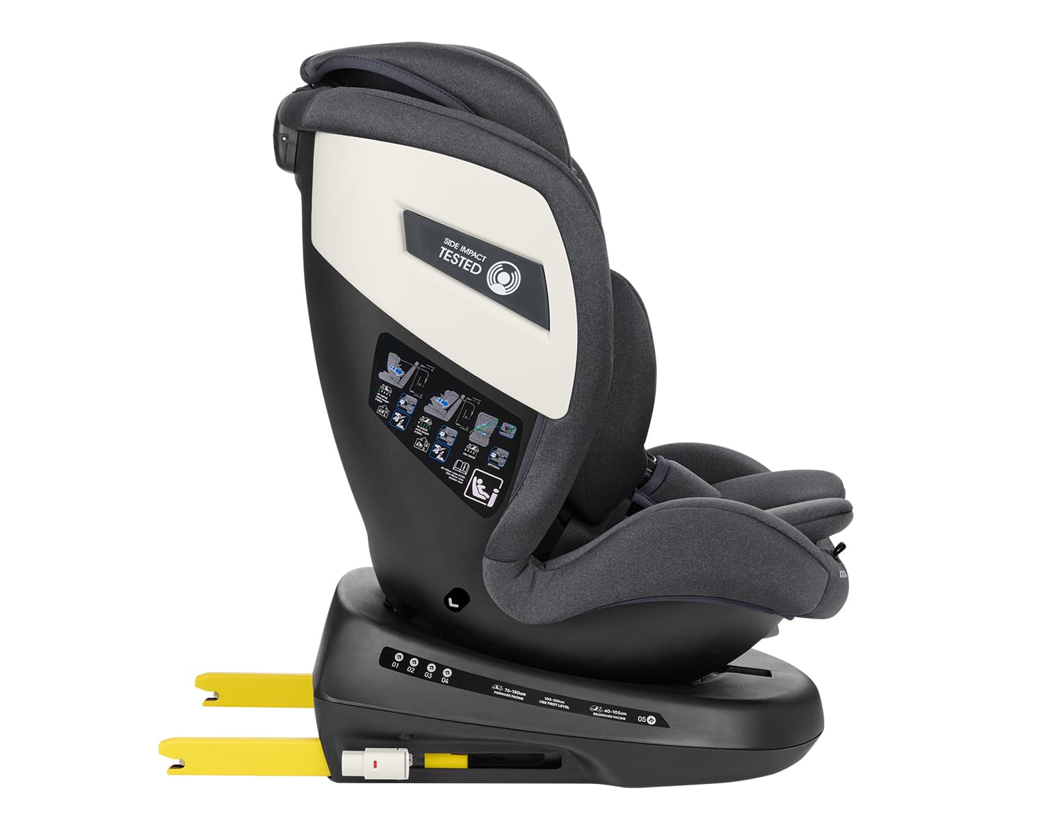 כיסא בטיחות אפור כהה במבט צדדי, עם מחברי ISOFIX שלופים ומיגון צד בולט.