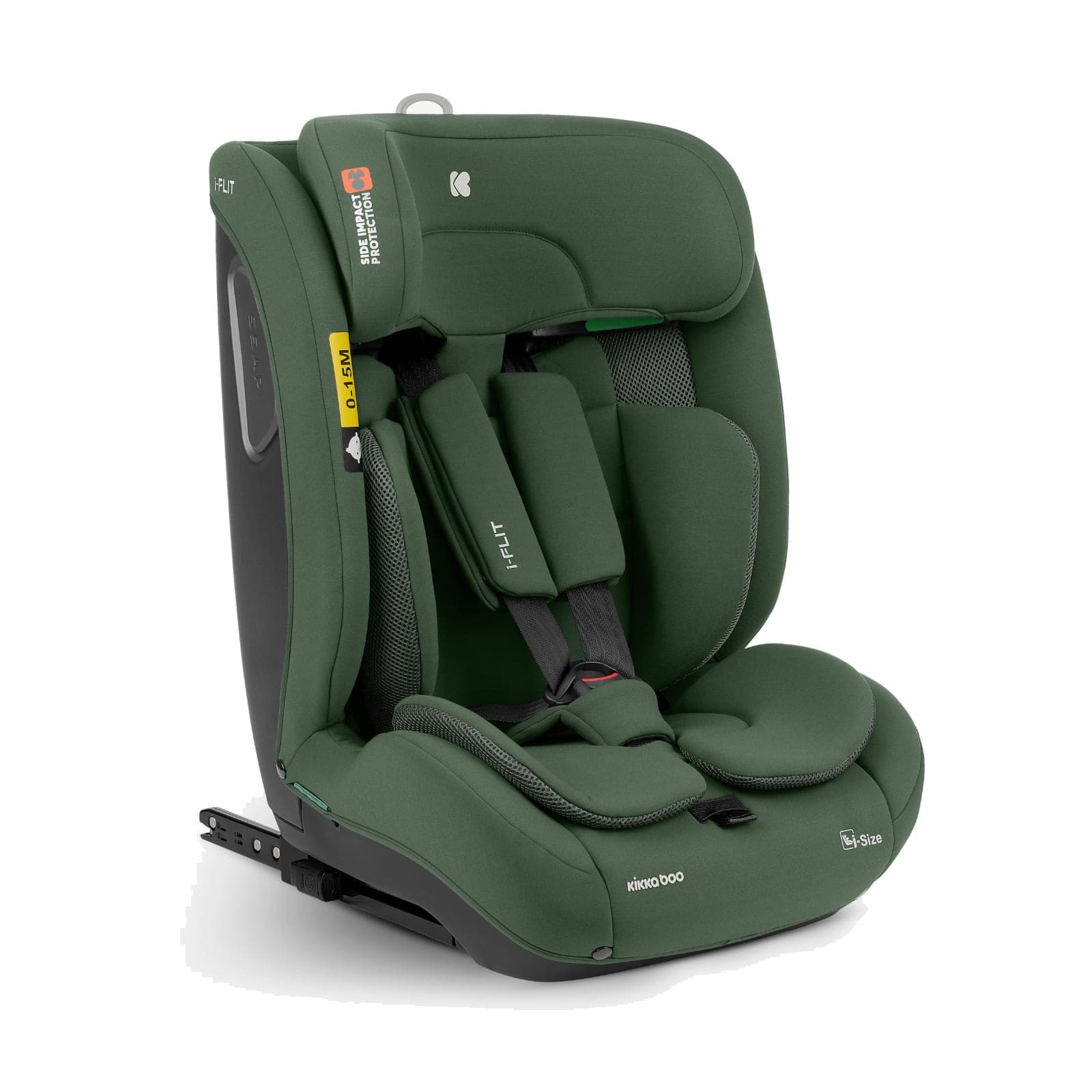 כיסא בטיחות i-Flit i-Size 76-150 ס"מ ירוק זית, מראה קדמי עם רתמות וריפוד.