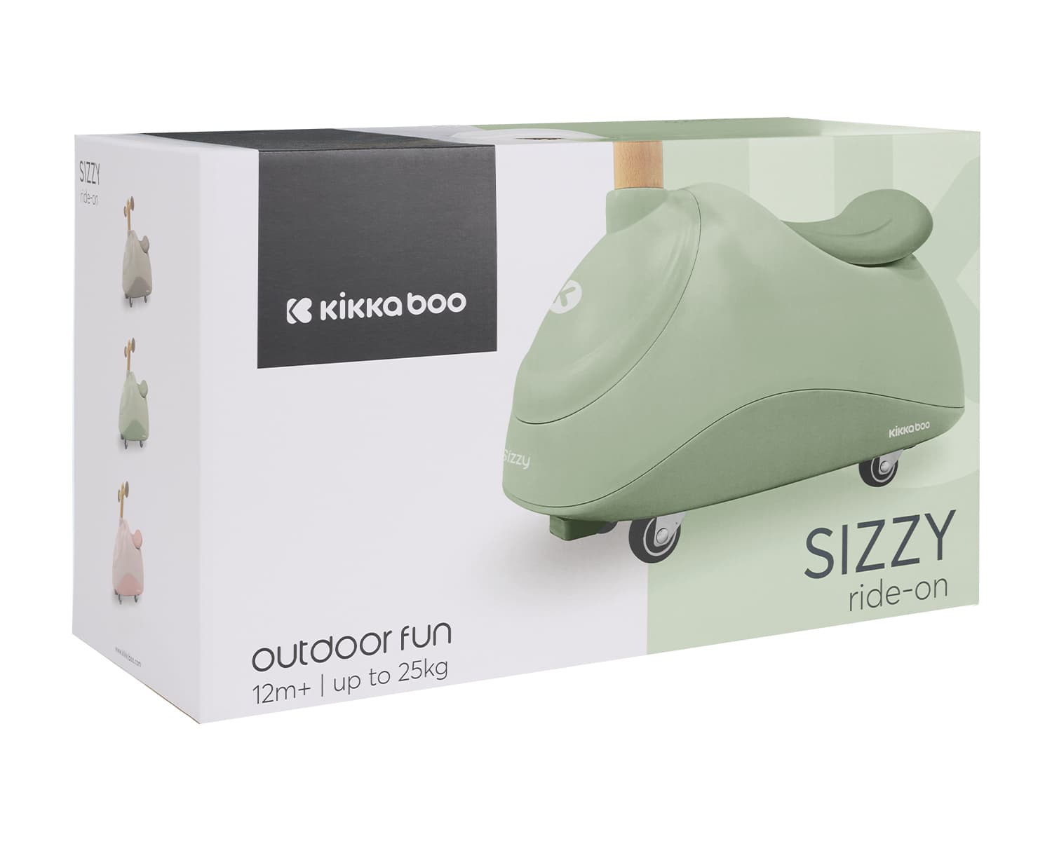אריזת המוצר של הבימבה Sizzy, מציגה את הרכב בצבע מנטה ואיורים של דגמים נוספים.