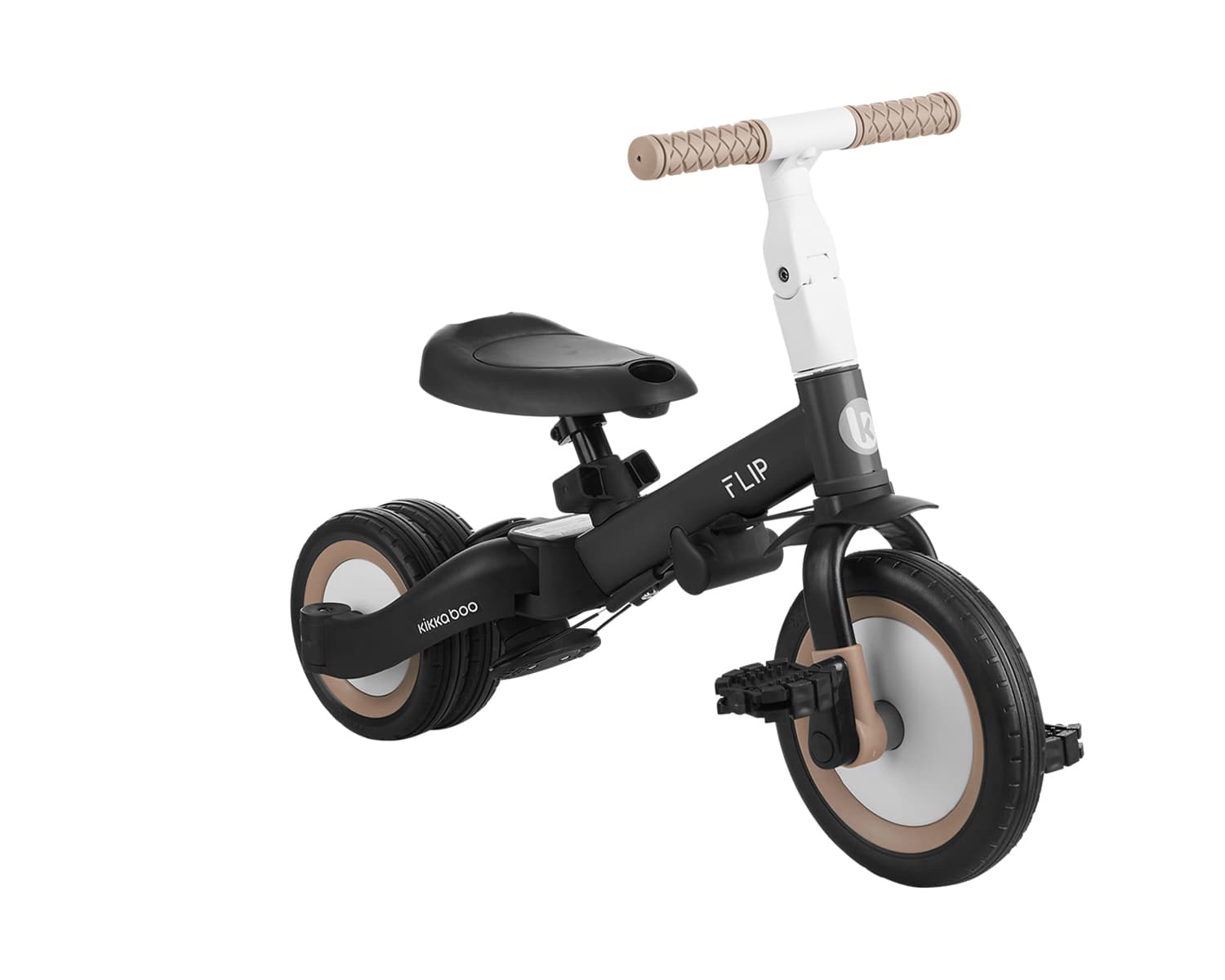 אופני איזון Flip שחורים עם שני גלגלים אחוריים צמודים, ללא פדלים, מבט צידי.