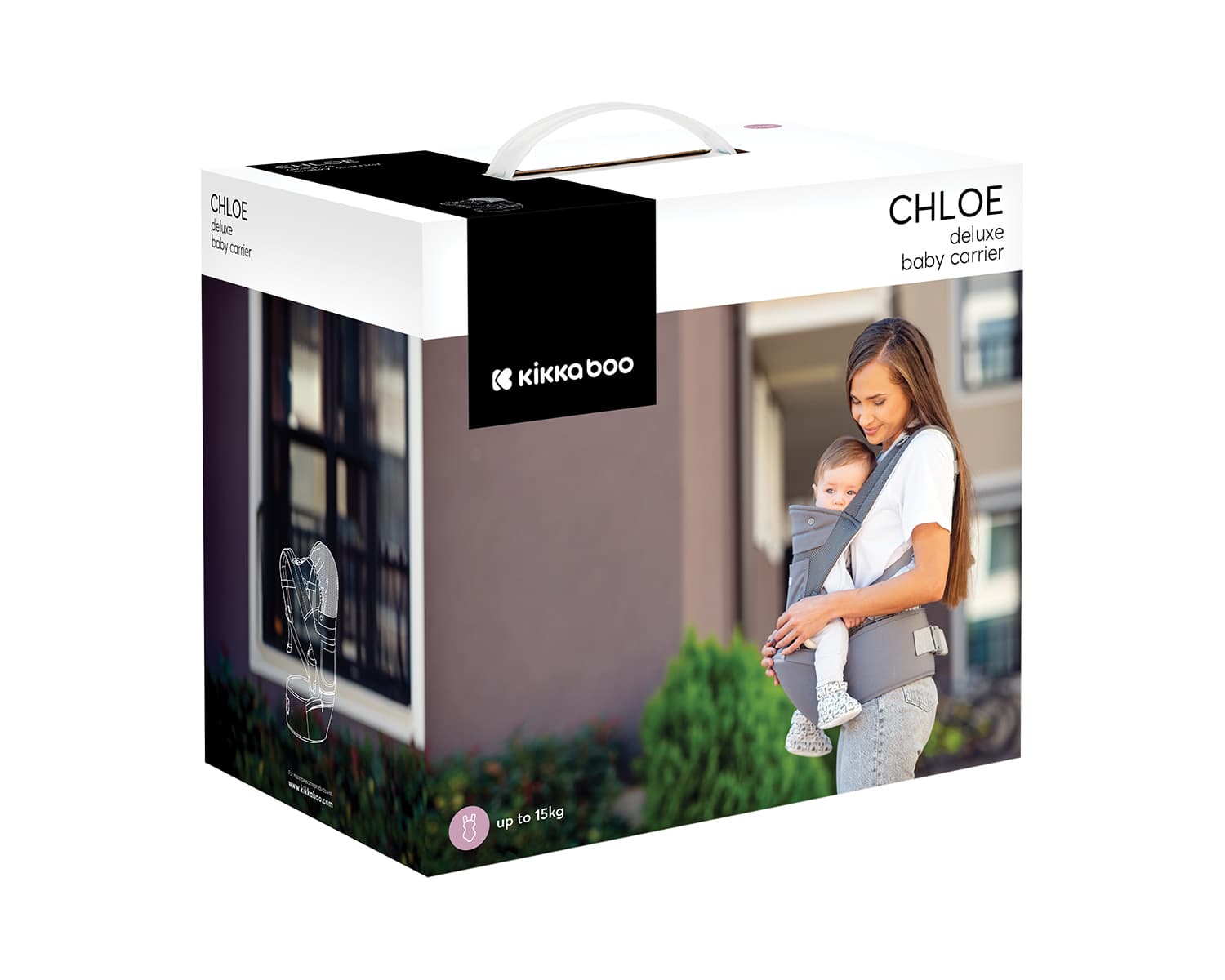 אריזת המוצר של מנשא Chloe deluxe baby carrier, עם תמונה של אמא ותינוק.