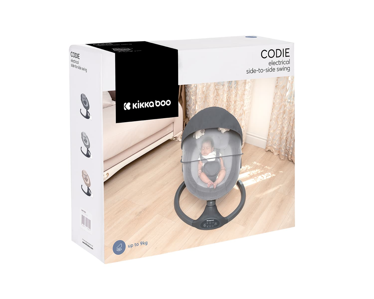 אריזת המוצר של נדנדת Codie, מציגה את הנדנדה עם תינוק בתוכה ופרטי דגם.