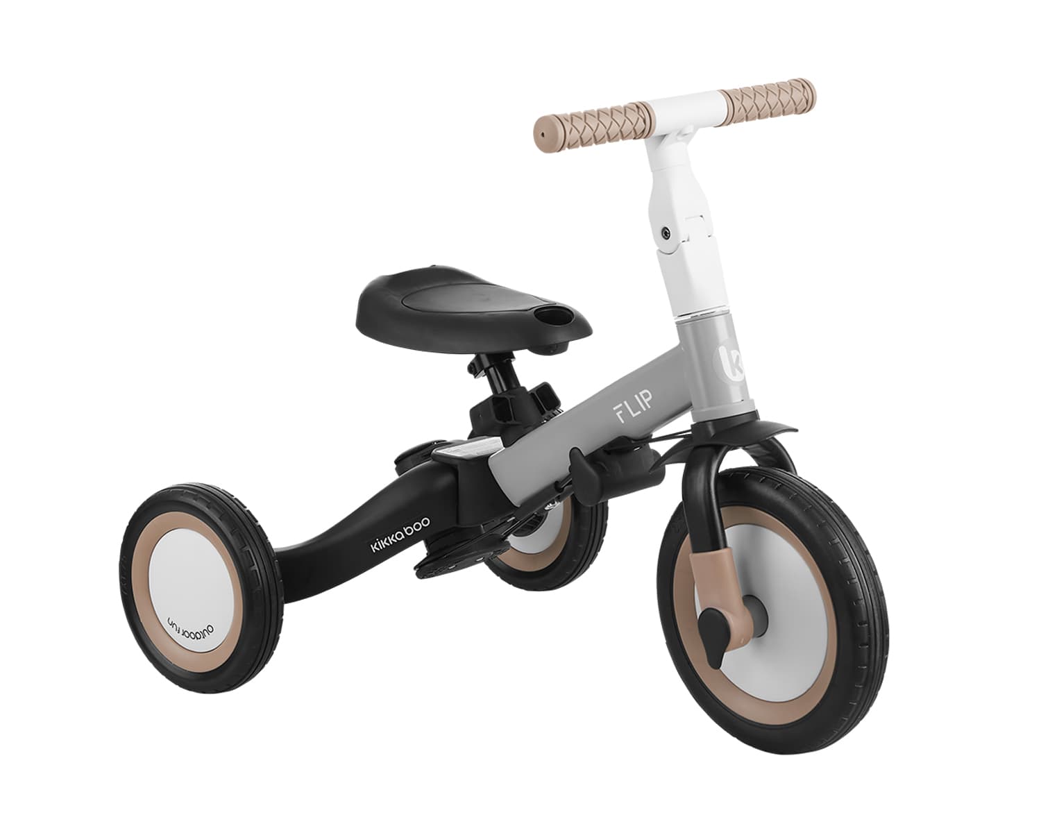 תלת אופן Flip אפור בתצורת אופניים עם שלושה גלגלים ודוושות מורדות, מראה צידי.