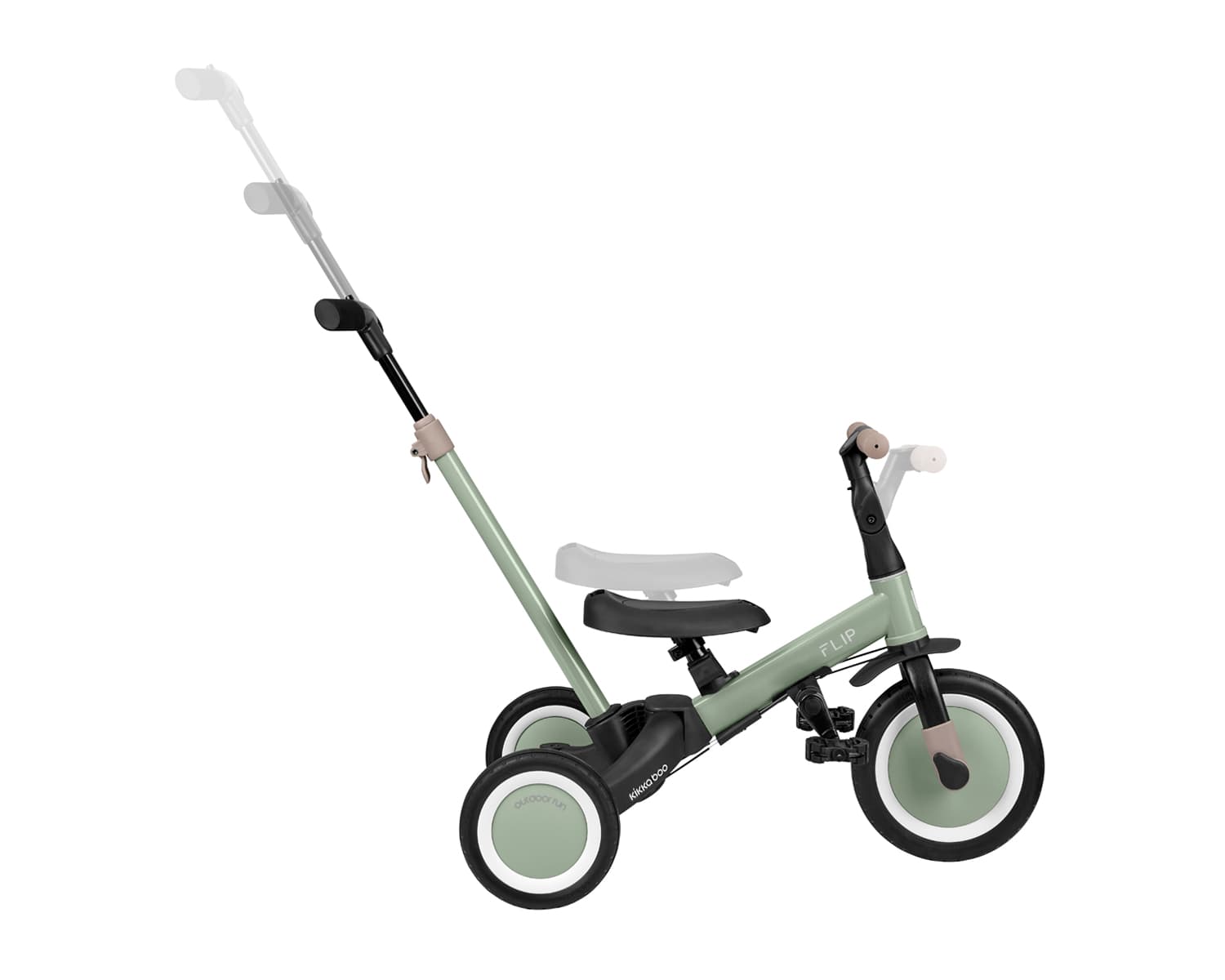 תלת אופן ירוק Flip בתצוגת מעבר בין מצבי שימוש שונים, כולל ידית דחיפה.