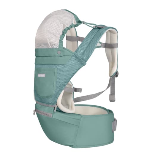 מנשא לתינוק קלואי Chloe 3 in 1 מנטה, נראה בזווית צד עם כיסוי ראש רשת פתוח.