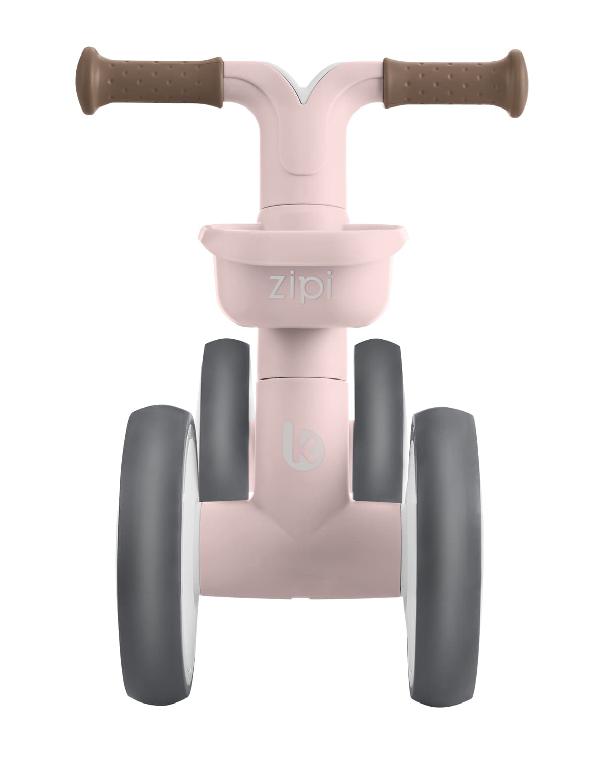 מבט חזיתי על בימבת Zipi הוורודה, מדגיש את הכידון החום וסלסלת האחסון הקדמית.