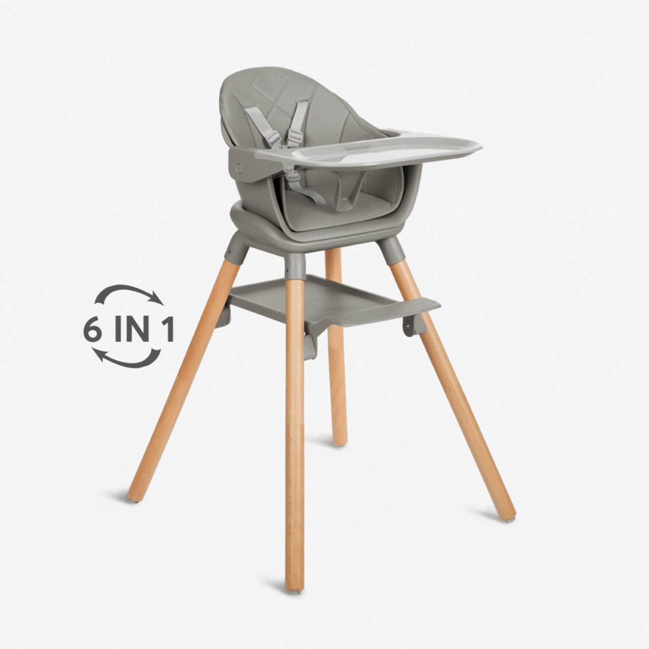 כיסא אוכל Woody 6in1 אפור עם עיצוב ארגונומי ונוח לפעוטות.